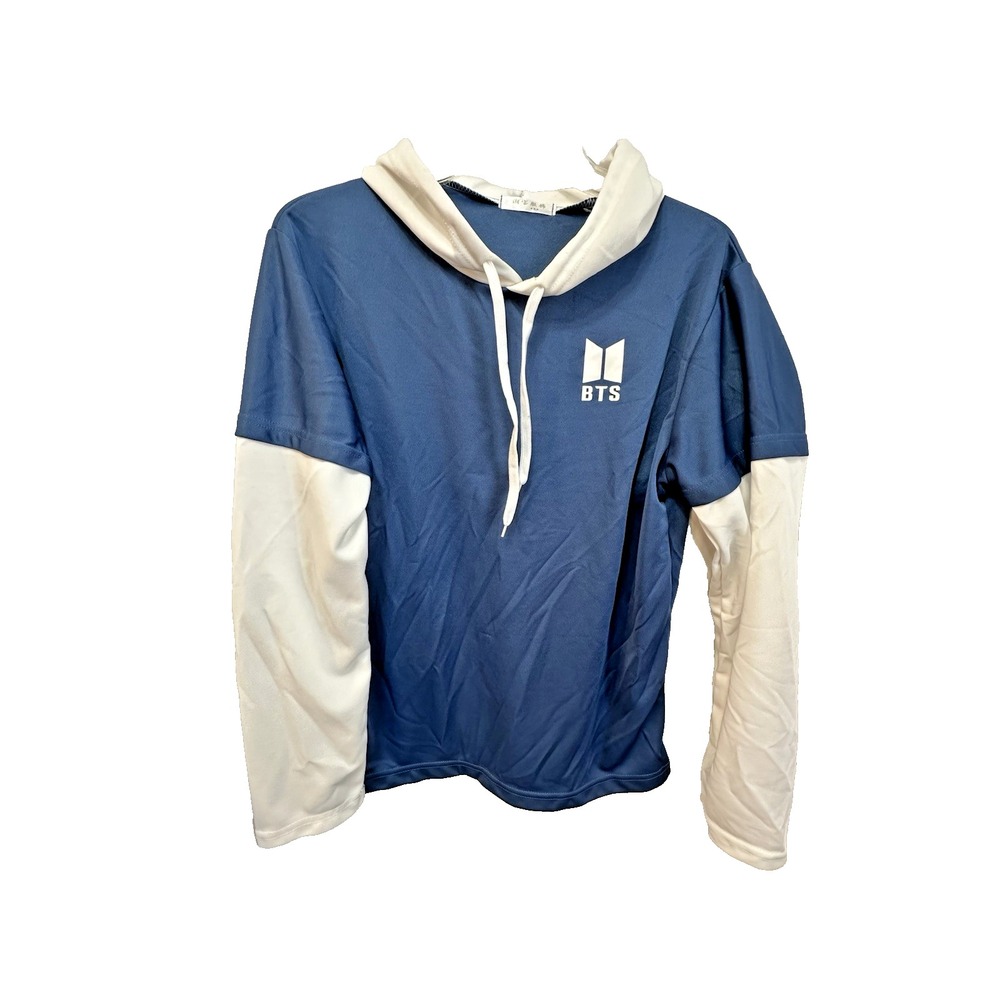BTS K-Pop Faux Two Piece Hoodie Blue White Layered Top Unisex S/M 20" P2P EUC